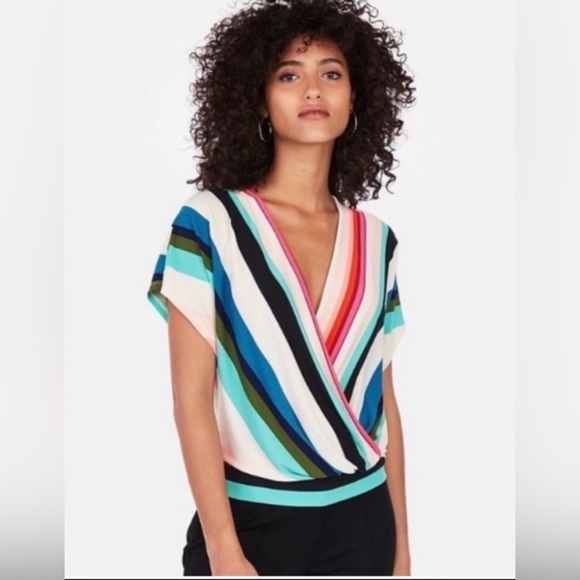 Express Colorful Striped Surplice Jersey Knit Blouse Small Excellent Condition - Picture 1 of 8